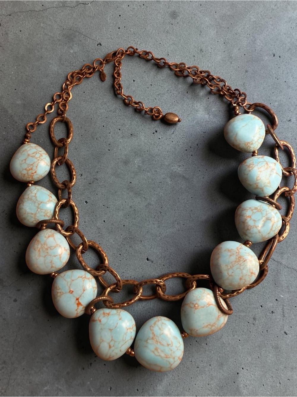 Vintage Designer Copper Chain Necklace with Light Turquoise Howlite Beads